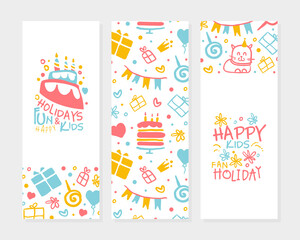Kids Happy Holidays Banner Template, Birthday Party Poster, Flyer, Festive Background, Invitation Card Design with Cute Childish Seamless Pattern Vector Illustration