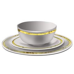 On a white isolated background, a beautiful service - a white porcelain or earthenware saucer with a gold border and a tea mug with a gold border around the edge 