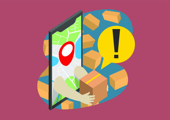 Hands go through the mapping application in the smartphone with red pin to pick up the box.