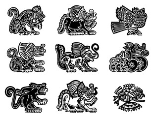 Colection of ink drawings of jaguar, lion, eagle in aztec or maya native american petroglyph style, black and white, isolated, for custom print and logo design © NATALYA