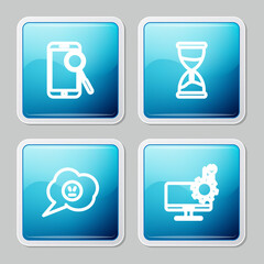 Set line Mobile phone diagnostics, Hourglass, Speech bubble with angry smile and Computer monitor service icon. Vector.