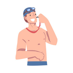 Cheerful Man Swimming Coach Character, Trainer with Whistle Teaching Swimmers at Swimming Class Cartoon Style Vector Illustration