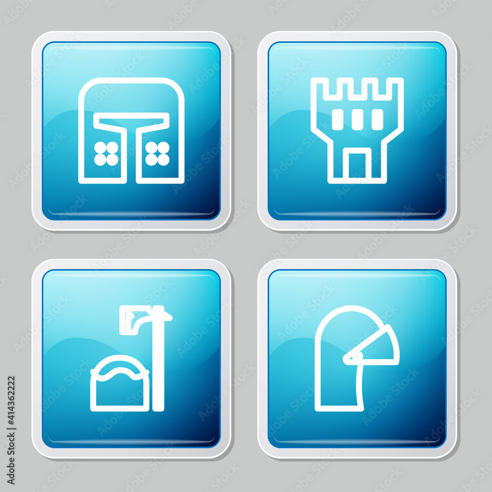 Poster set line medieval iron helmet, castle tower, executioner axe in tree block and icon. vector.