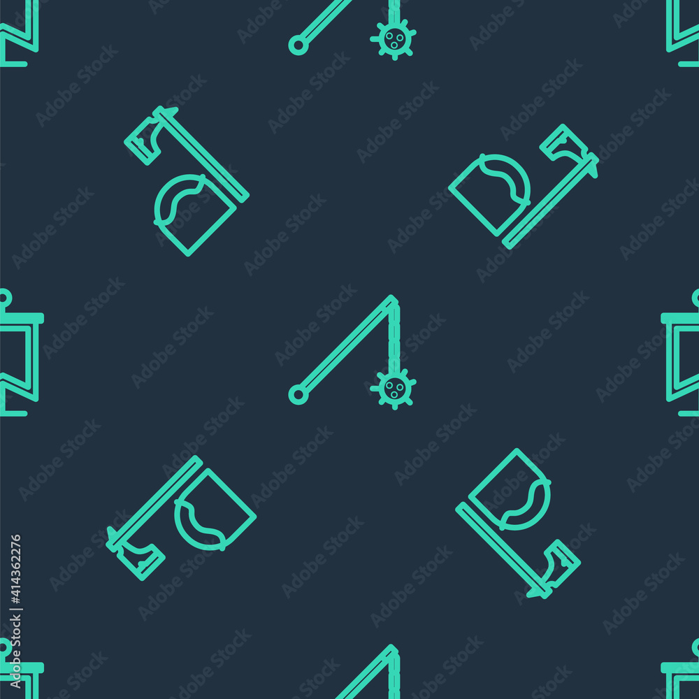 Fototapete set line medieval chained mace ball, executioner axe tree block and flag on seamless pattern. vector