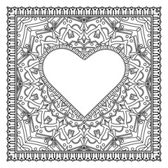 Hand drawn heart with mehndi flower. Mehndi flower for henna, mehndi, tattoo, decoration. decorative ornament in ethnic oriental style. doodle ornament. outline hand draw illustration. coloring book p