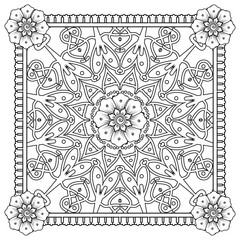 Outline square floral pattern in mehndi style for henna, mehndi, tattoo, decoration. decorative ornament in ethnic oriental style. doodle ornament. outline hand draw illustration. coloring book page.