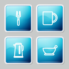 Set line Barbecue fork, Coffee cup, Kettle with handle and Mortar pestle icon. Vector.