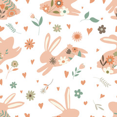 Vector seamless spring pattern with rabbits and plants. Easter pattern. cartoon bunnies