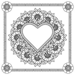 Hand drawn heart with mehndi flower. Mehndi flower for henna, mehndi, tattoo, decoration. decorative ornament in ethnic oriental style. doodle ornament. outline hand draw illustration. coloring book p