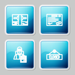 Set line Stacks paper money cash, Warranty certificate template, Delivery man with cardboard boxes and Hanging sign Closed icon. Vector.