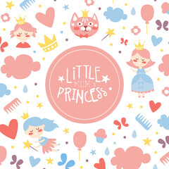 Little Mums Princess Banner Template, Baby Girl Shower and Birthday Party Design with Cute Childish Seamless Pattern Vector Illustration