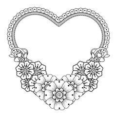 Hand drawn heart with mehndi flower. Mehndi flower for henna, mehndi, tattoo, decoration. decorative ornament in ethnic oriental style. doodle ornament. outline hand draw illustration. coloring book p