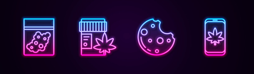 Set line Plastic bag of cannabis, Medical bottle with marijuana, Cookies and Mobile and or. Glowing neon icon. Vector.