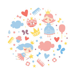 Cute Little Princess Seamless Pattern of Circular Shape, Baby Shower, Birthday Party Decoration Poster, Festive Background, Invitation Card Design Template Vector Illustration