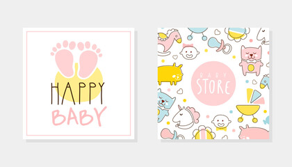 Happy Baby Store Card Templates Set, Baby Girl Boy Products Shop Flyer, Brochure, Book Cover, Poster, Iinvitation, Design Cartoon Vector Illustration