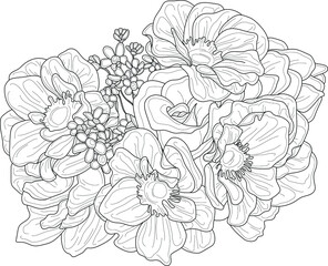 Realistic mix flower bouquet with anemone, peony, rose and small flowers sketch template. Cartoon vector illustration in black and white for games, pattern, decor. Coloring paper, page, story book