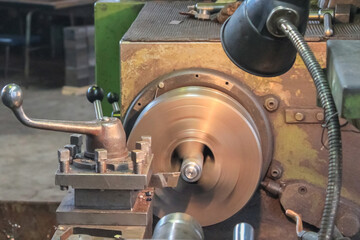Metal processing on an old lathe close-up
