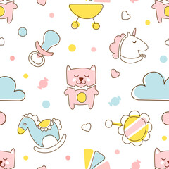 Cute Kids Toys Seamless Pattern in Pastel Colors, Endless Repeating Print Can be Used for Background, Wallpaper, Textile, Packaging Design Cartoon Vector Illustration