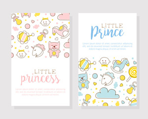 Little Prince and Princess Card Templates Set, Baby Boy and Girl Products Shop, Store Flyer, Brochure, Book Cover, Poster, Iinvitation, Design Cartoon Vector Illustration