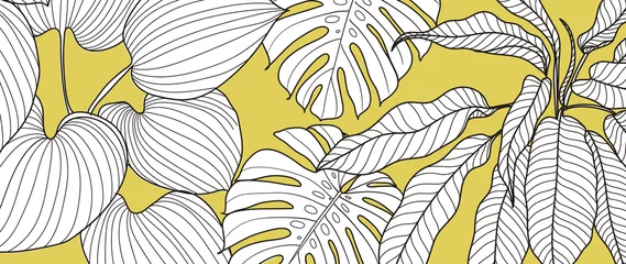 Selbstklebende Fototapeten Yellow illuminating Tropical line art background vector. Botanical ultimate grey background design for wallpaper, prints, banners, fabric and wall art. vector illustration. © TWINS DESIGN STUDIO