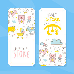 Baby Store Card Templates Set, Kid Products and Accessories Shop Flyer, Brochure, Book Cover, Poster, Iinvitation, Design Cartoon Vector Illustration