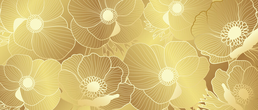 Luxury Gold Anemone flowers background vector.  Botanical Line art Hand Drawn wallpaper, wall art. Vector illustration.