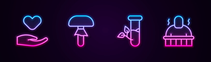 Set line Heart in hand, Mushroom, Laboratory glass leaves and Sauna spa procedures. Glowing neon icon. Vector.