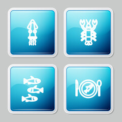 Set line Octopus, Lobster, Fishes and Served fish on a plate icon. Vector.