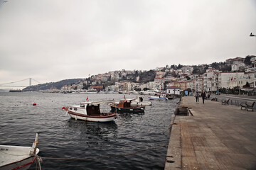 Fototapeta na wymiar A view from Bosphorus street with bridge and ships
