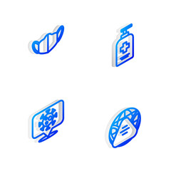 Set Isometric line Liquid antibacterial soap, Medical protective mask, Corona virus on location and Earth with medical icon. Vector.