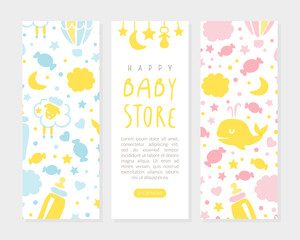 Happy Baby Store Card Templates Set, Kid Products and Accessories Flyer, Brochure, Book Cover, Poster, Iinvitation, in Pastel Colors Cartoon Vector Illustration