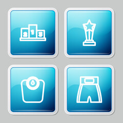 Set line Award over sports winner podium, cup, Bathroom scales and Boxing short icon. Vector.