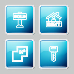 Set line Hanging sign with text Sold, Rent, House plan and key icon. Vector.