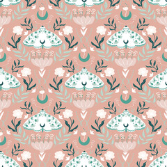 Damascus luxury seamless pattern with floral and butterflies. Seamless pattern with Moth and flower in hand-drawn style. Fabric design 
