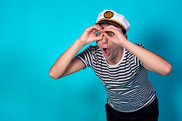 Funny experienced sailor ready for marine travel. Cheerful young sailor. Expression of emotions....