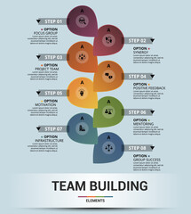 Infographic Team Building template. Icons in different colors. Include Focus Group, Synergy, Project Team, Positive Feedback and others.