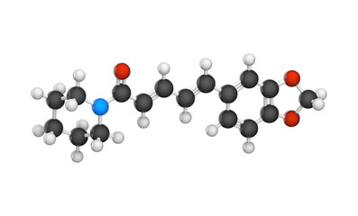 Piperineis the alkaloid responsible for the pungency of black pepper and long pepper. C17H19NO3. Chemical structure model: Ball and Stick. 3D illustration. Isolated on white background. 
