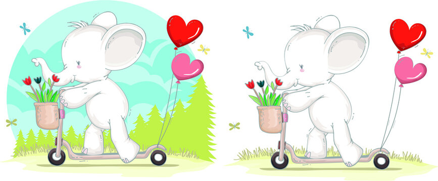 Cute Animal. Cute Elephant Playing Scooter with heart balloons. Great for a nursery, art print, wall art, baby shower, and perfect for scrapbooking, card making, signs, stickers, , t-shirts and more