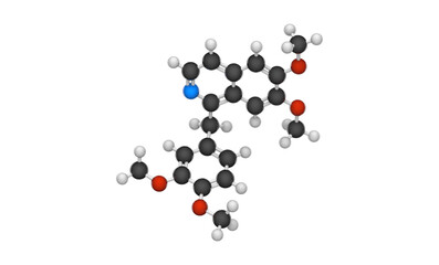 Papaverine (Papaverin) is an opium alkaloid antispasmodic drug. Formula: C20H21NO4. Chemical structure model: Ball and Stick. 3D illustration. Isolated on white background. 