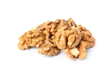Heap of tasty walnuts isolated on white background