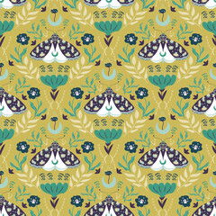Damascus luxury seamless pattern with floral and butterflies. Seamless pattern with Moth and flower in hand-drawn style. Fabric design 

