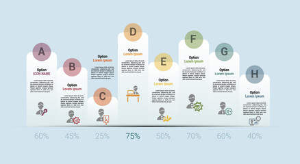 Infographic Company Management template. Icons in different colors. Include Key Management, Operation Management, Quality, Office Management and others.