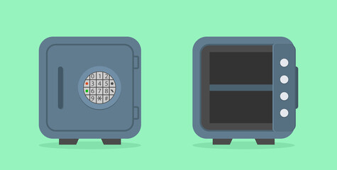 Safe box. Vault in bank. Icon of open empty safe and close safe. Metal door with security lock for safety. Vault for money, gold, cash. Storage of deposit. Combination of code for open. Vector