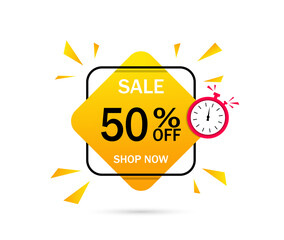 Banner of sale with discount of 50 percent. Label for special offer with price. Logo for promotion of product. Design emblem for sell. Badge for announcement and retail. Fashion coupon. Vector