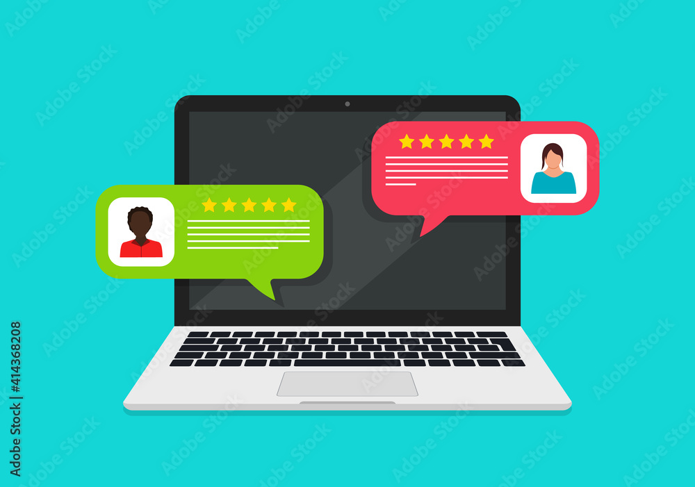 Poster online bubble chat with review and feedback of customer. reputation and rating in laptop. opinion an