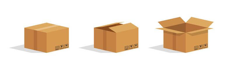 Cardboard box. Open and closed parcel. Isometric carton box. Brown package for goods. Paper cube for delivery and shipping. Mockup of gift in cartboard. 3d icon for shopping, supplies. Vector