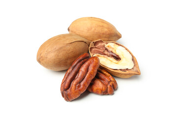 Tasty pecan nuts isolated on white background