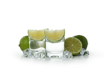Shots of vodka, lime and ice cubes isolated on white background