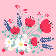 floral ornament with poppies, daisies, strawberries and ladybug