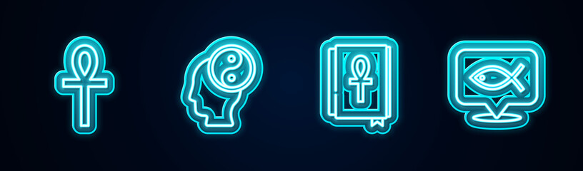 Fototapeta premium Set line Cross ankh, Yin Yang, book and Christian fish. Glowing neon icon. Vector.